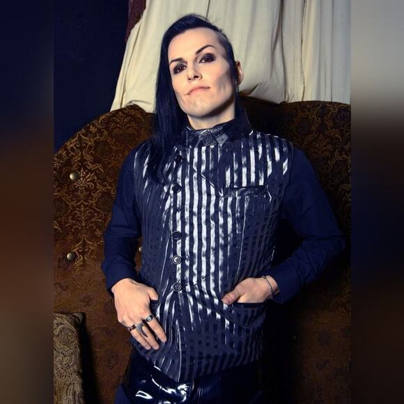 Hilary's Vanity Black Silver Striped Gothic Emo Vampire Metallic Leather Vest S - Picture 4 of 8